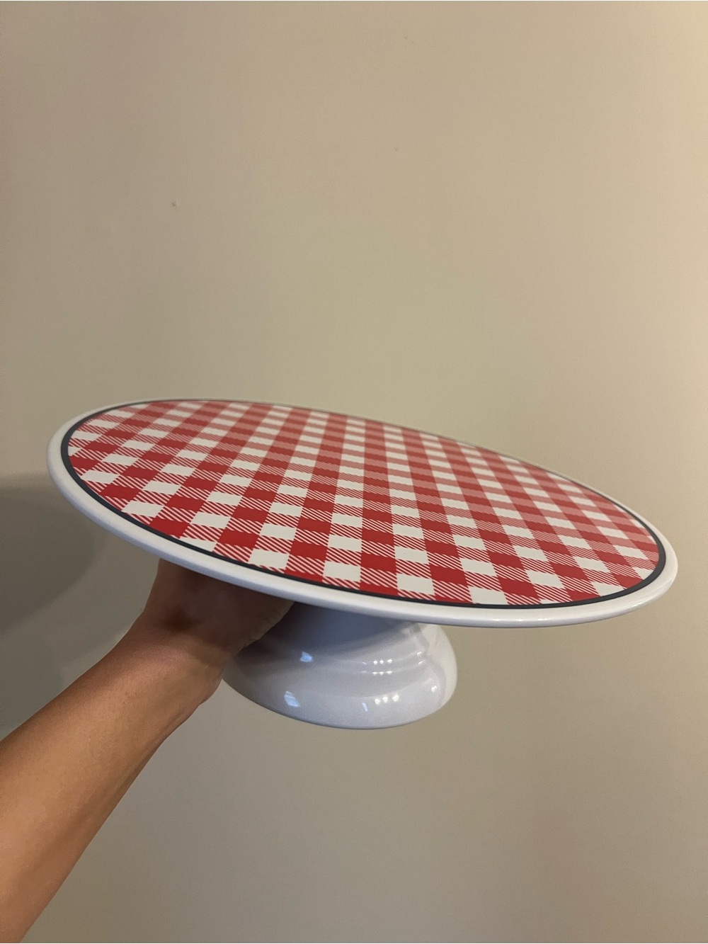 White Ceramic Cake Stand with Red Gingham Top